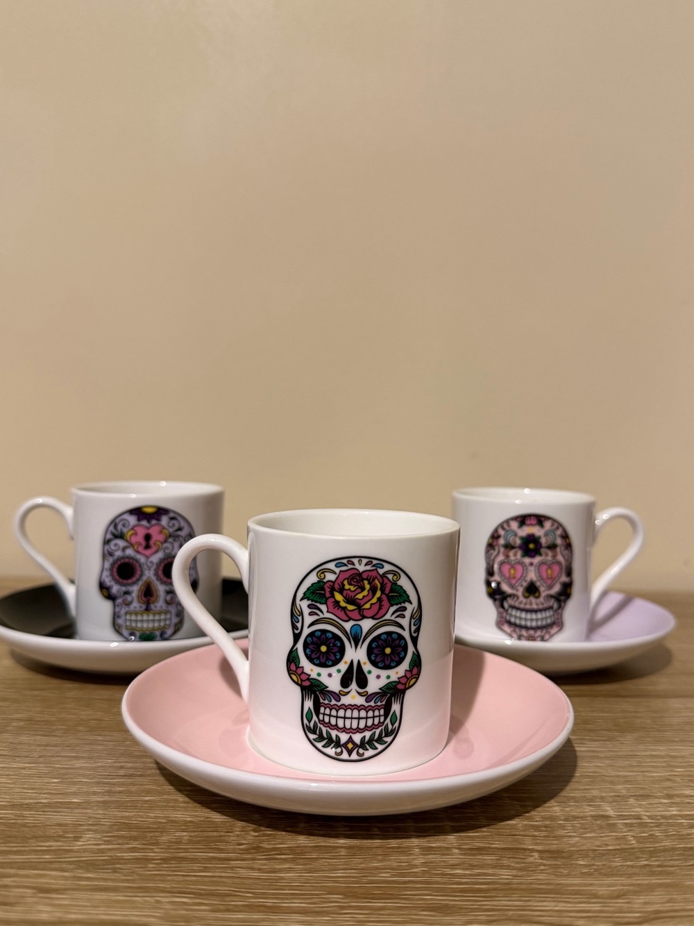 Sugar Skull Porcelain Espresso Cup and Saucer Set - Pink, White